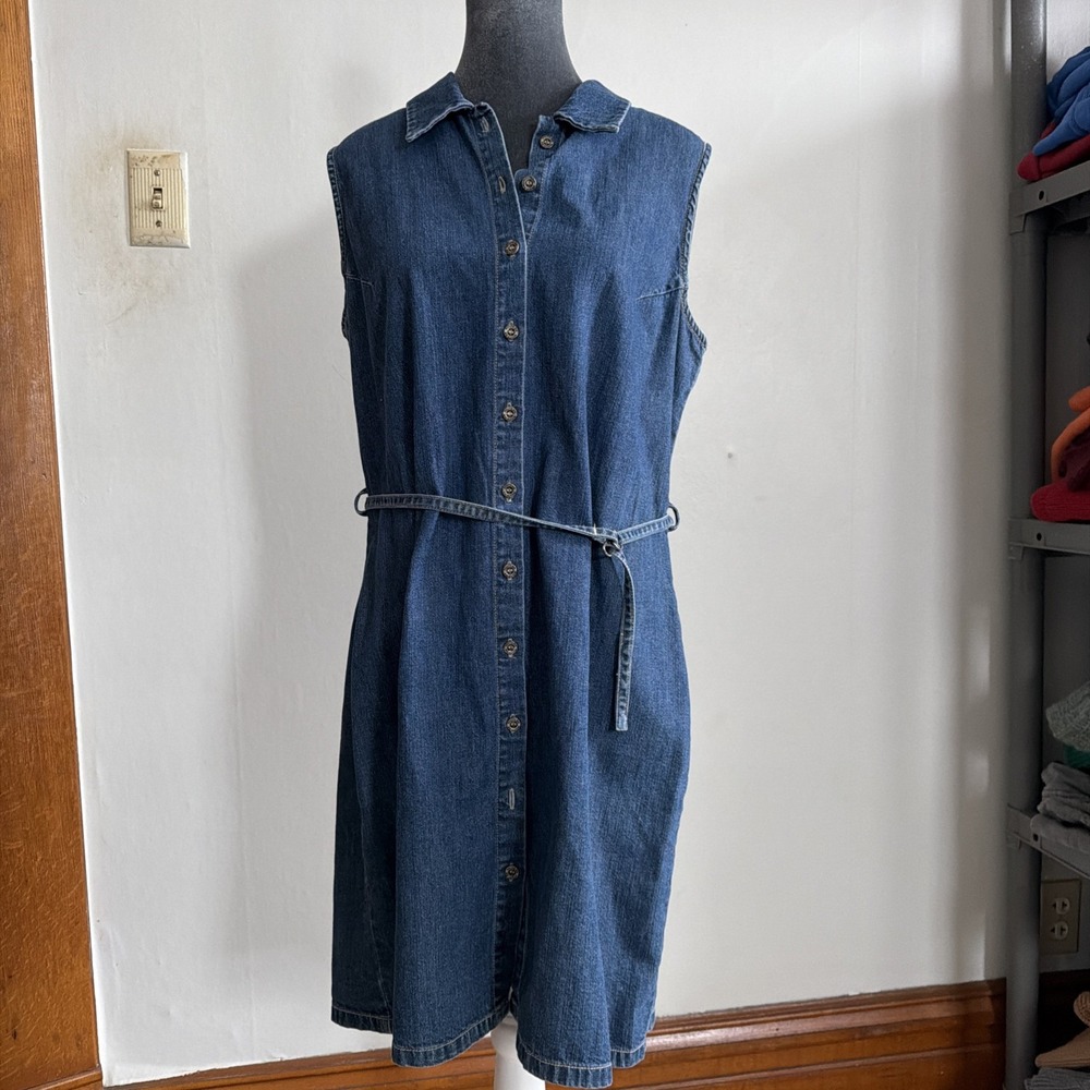 Vintage 90's Denim Jean Sleeveless Button Up Dress. Jumper Route 66. Y2K Large